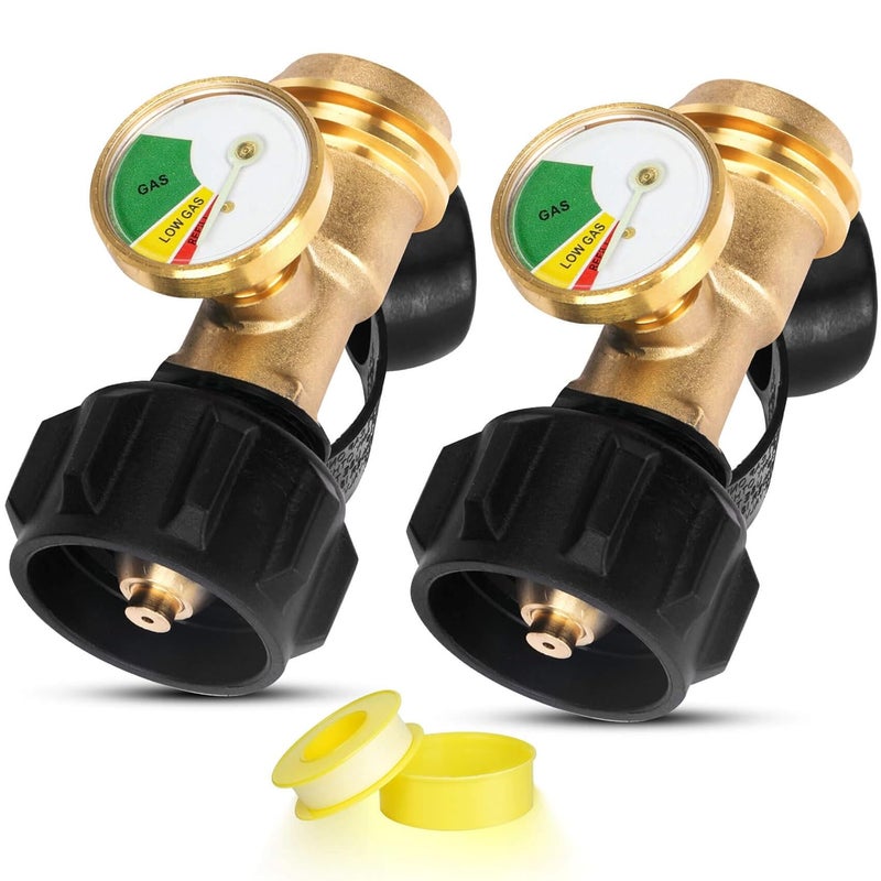 Aekops Propane Tank Gauge Level Indicator for 20lb Tanks, Propane Pressure Gauge with Leak Detector for BBQ Gas Grill, RV, Heater, Fire Pit, QCC Type1 Inlet, Solid Brass, 2 Pack - Image 1